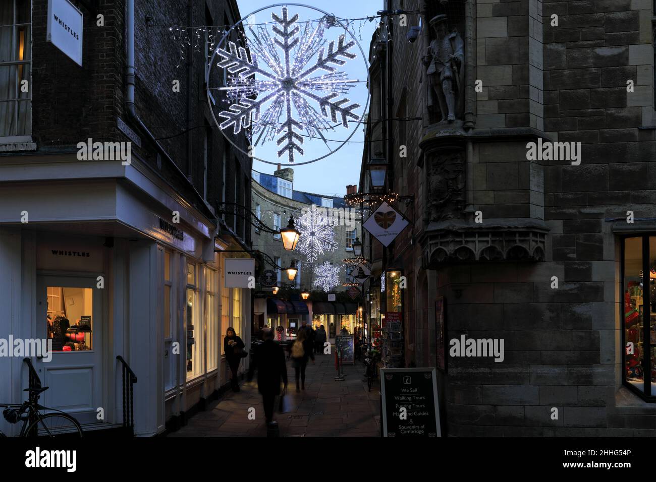 Christmas lights at the Rose Crescent, St Marys Street, Cambridge City, Cambridgeshire, England