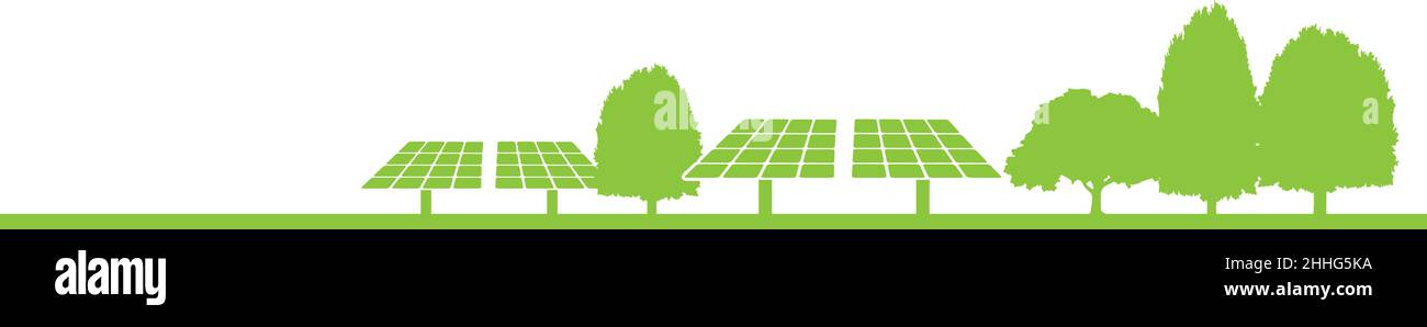 sustainable green energy concept banner, solar farm on green ground with trees, vector illustration Stock Vector