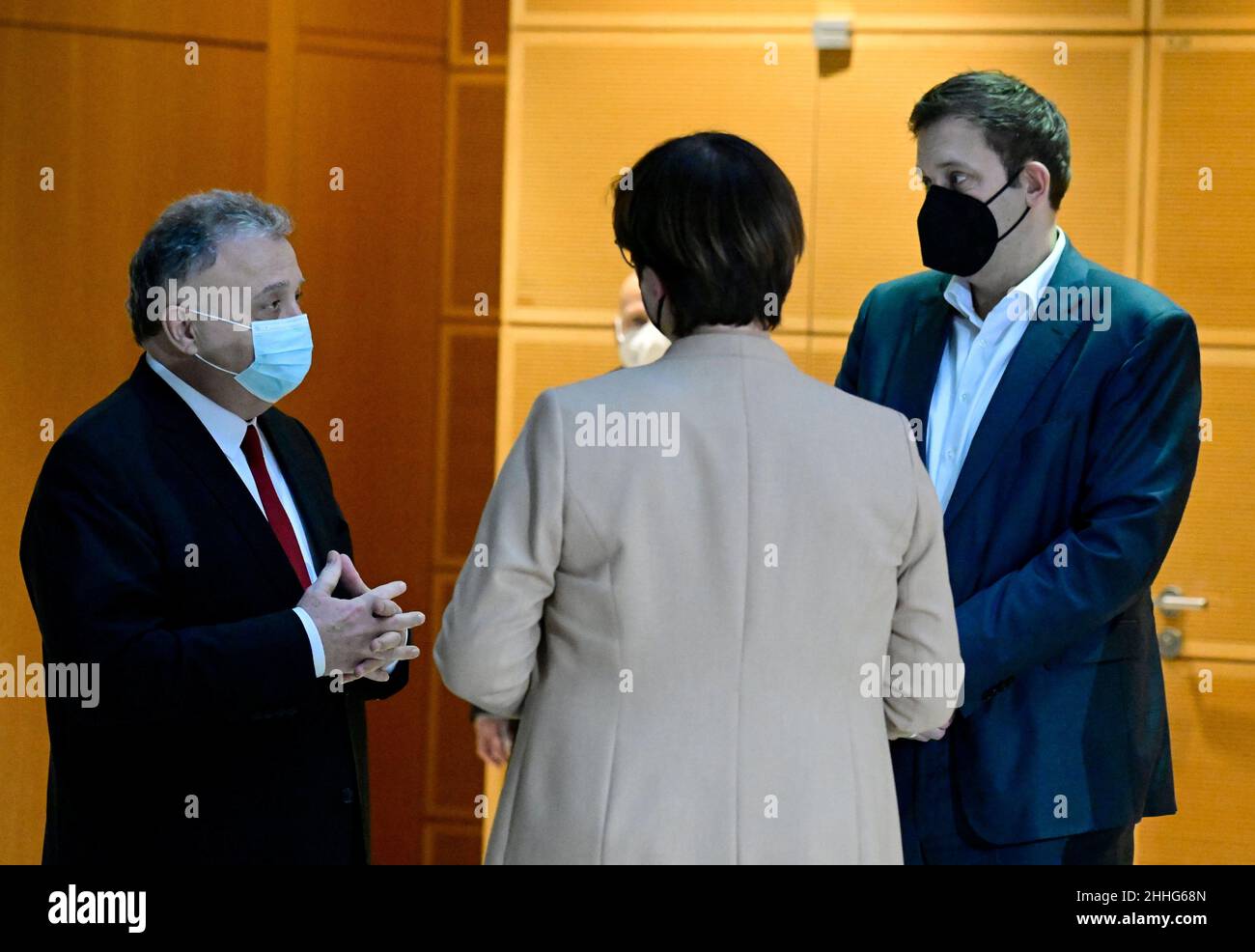 Israel's Ambassador to Germany Jeremy Issacharoff and co-leaders of Germany's Social Democratic Party (SPD) Saskia Esken and Lars Klingbeil gather at SPD's headquarters Willy-Brandt-Haus in Berlin, Germany January 24, 2022. Tobias Schwarz/Pool via REUTERS Stock Photo