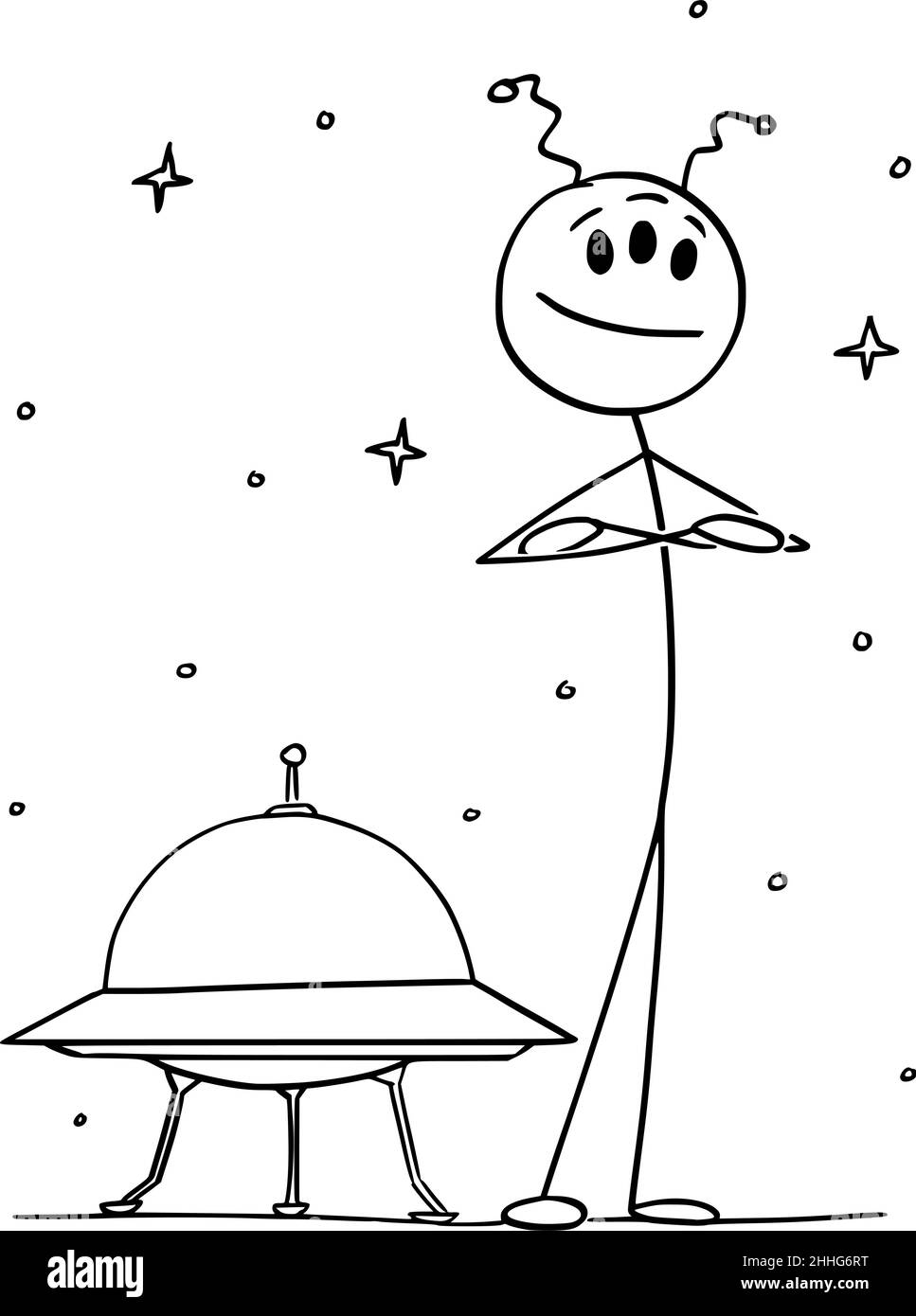 Cute Friendly Alien Standing in Front of UFO Spaceship, Vector Cartoon Stick Figure Illustration Stock Vector
