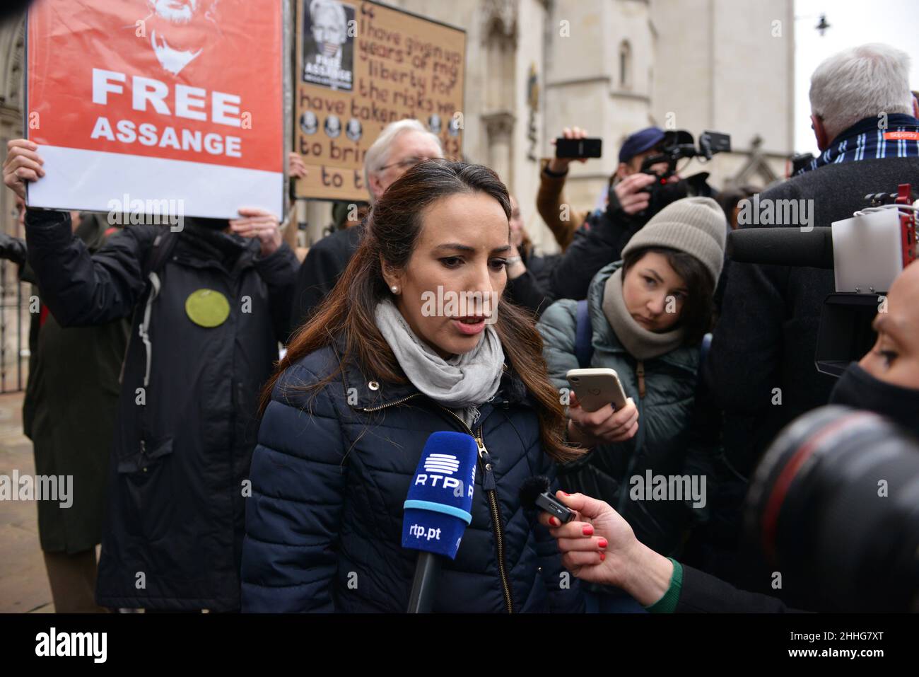 Julian Assange's fiancee Stella Moris speaks to the media outside The Royal Courts of Justice in London. Assange granted permission to seek extradition appeal at UK's top court. Stock Photo