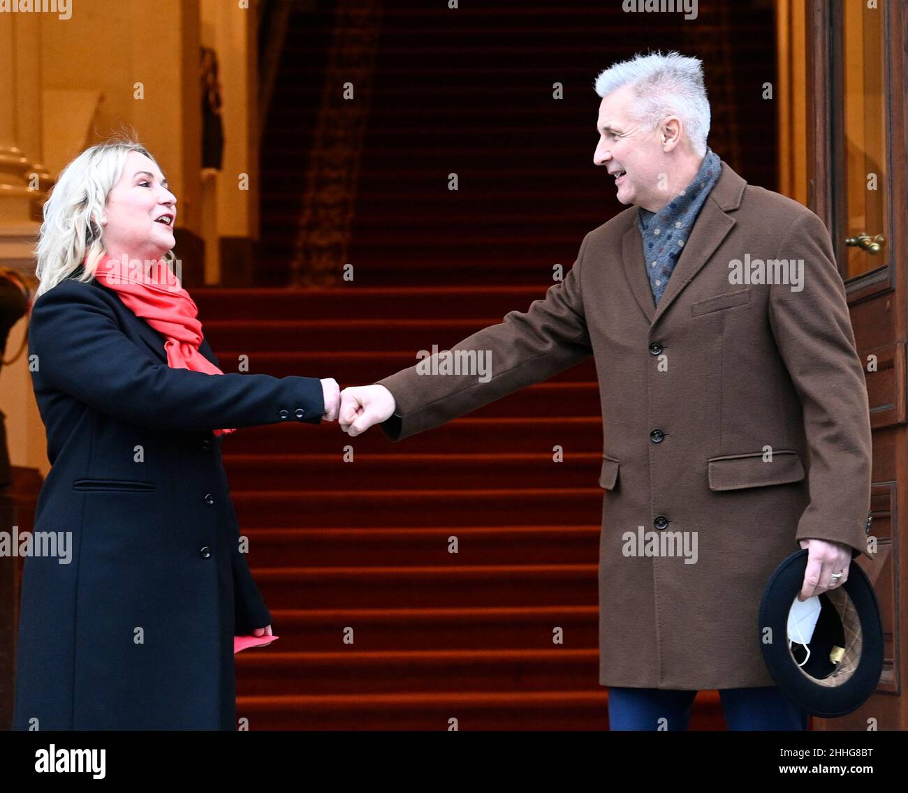 Czech Defence Minister Jana Cernochova (wearing red scarf) welcomes her Latvian counterpart Artis Pabriks in Prague, Czech Republic, on Monday, January 24, 2022. (CTK Photo/Michal Krumphanzl) Stock Photo