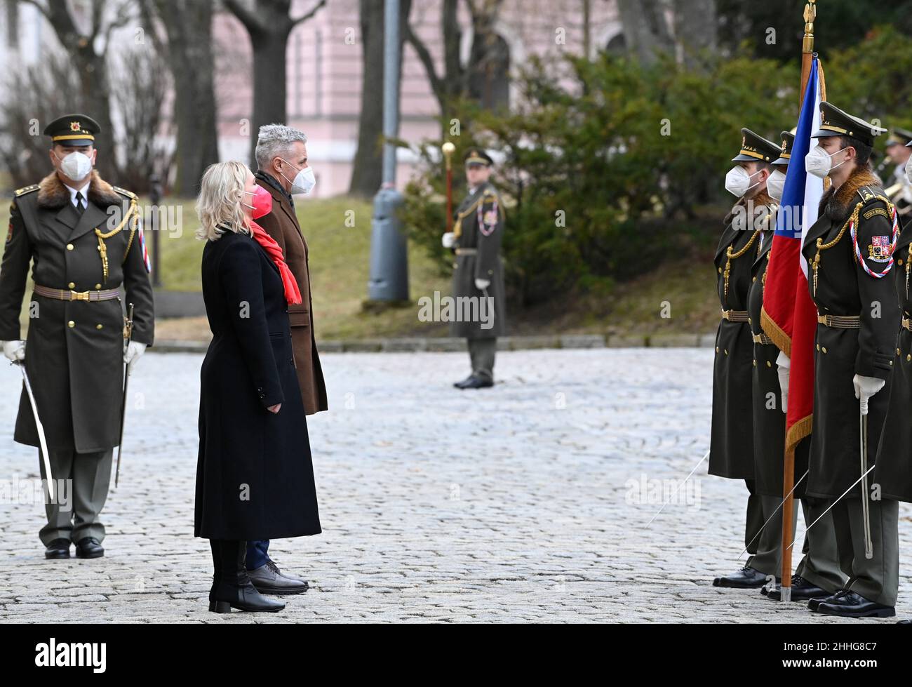 Czech Defence Minister Jana Cernochova (wearing red scarf) welcomes her Latvian counterpart Artis Pabriks in Prague, Czech Republic, on Monday, January 24, 2022. (CTK Photo/Michal Krumphanzl) Stock Photo