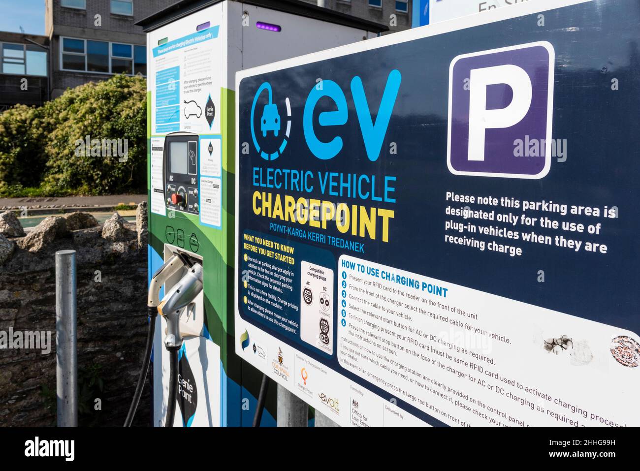 An Electric Vehicle Chargepoint in a car park in Newquay in Cornwall