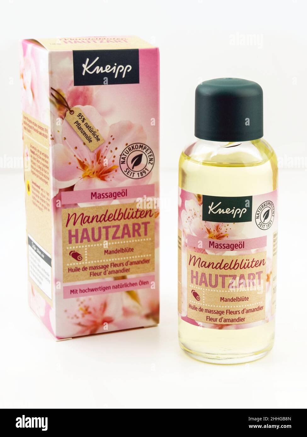 Hamburg, Germany - January 24  2022: Kneipp Mandelblüten Massageöl auf weissen Hintergrund - Kneipp almond blossom massage oil on a white background Stock Photo