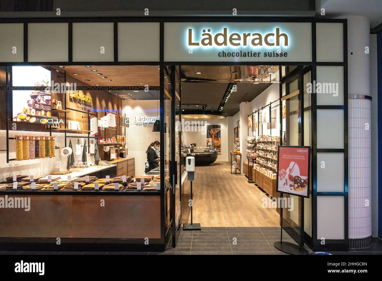 Entrance door to a Suisse Chocolate store of the Laderach brand in the