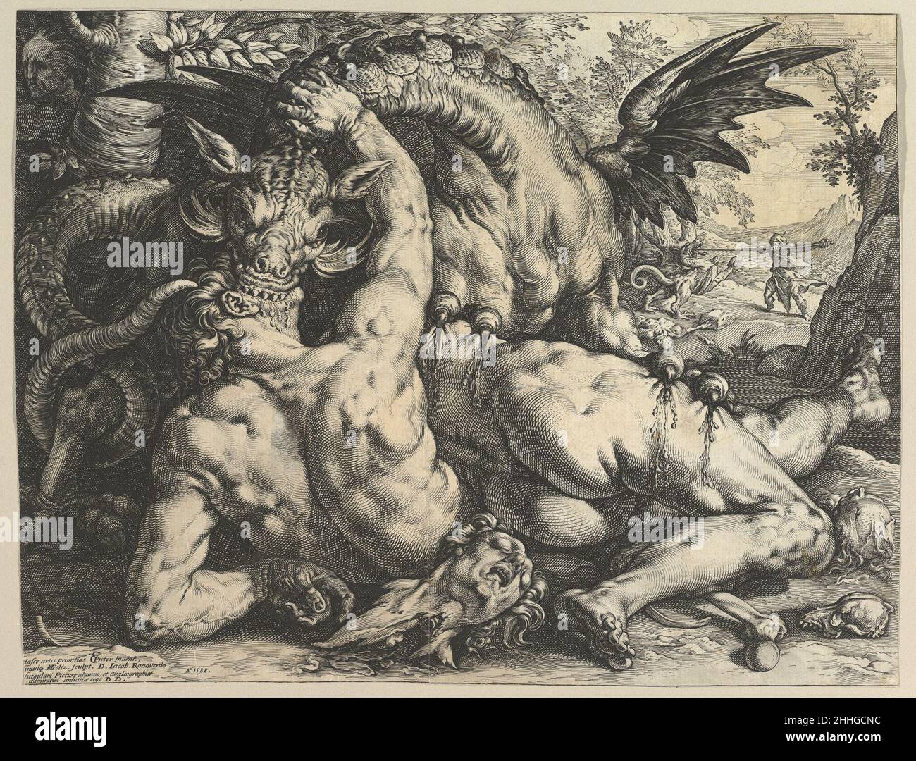 The Dragon Devouring the Companions of Cadmus 1588 Hendrick Goltzius Netherlandish In 1588 Goltzius made several iconic prints that pushed beyond the elegant Mannerism of Bartholomeus Spranger to a more exaggerated muscular style. Perhaps the most dramatic is this horrifying portrayal of The Dragon Devouring the Companions of Cadmus, after a painting by Cornelis Cornelisz. van Haarlem in the National Gallery, London (accession no. NG1893). The subject is taken from Book III of Ovid’s Metamorphoses. The engraving illustrates two scenes from the story of Cadmus, the prince of Tyre, whose sister Stock Photo