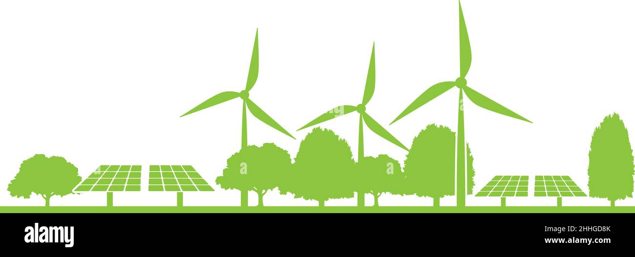 sustainable green energy concept banner, solar farm on green ground with trees, vector illustration Stock Vector