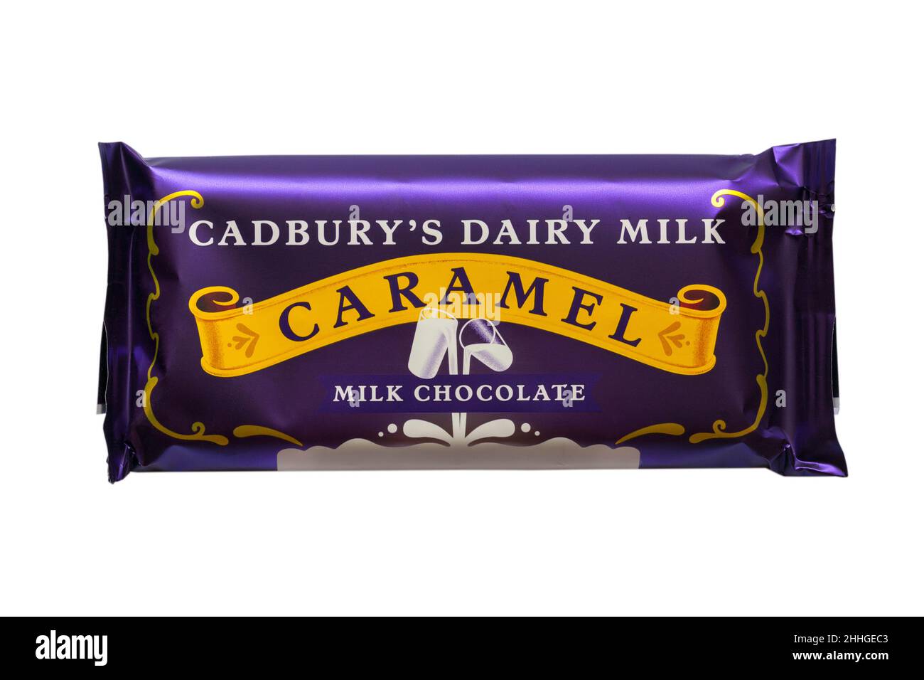 Bar of Cadbury's Dairy Milk Caramel milk chocolate bar from box of