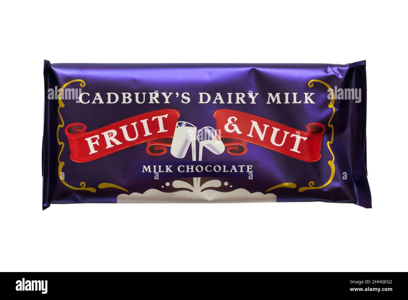 Bar of Cadbury's Dairy Milk Fruit & Nut milk chocolate bar from box of