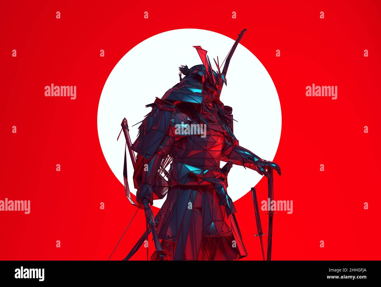 Silver Japanese Samurai Cyber Punk Warrior Polygon Form with Large White Sphere Sun with Red Background Futuristic Silhouette 3d illustration 3d Stock Photo