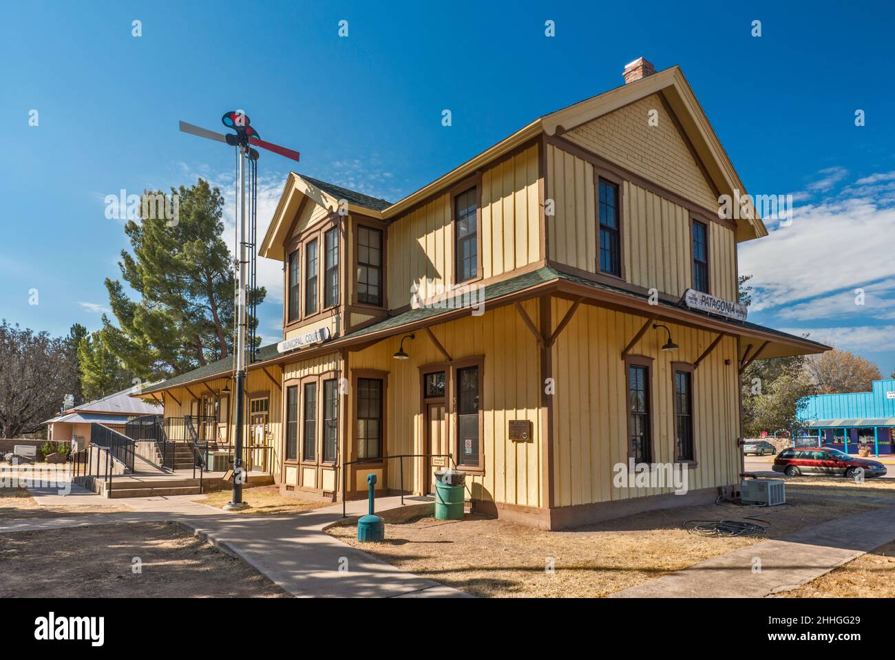 Patagonia townhall, municipal court, at former railroad depot, in Patagonia, Arizona, USA Stock