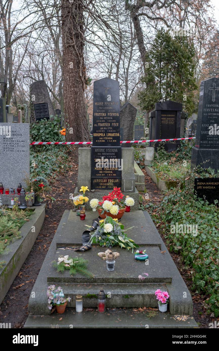 Family grave at Vinohrady cemetery in Prague, where Jaroslav Foglar, Czech scoutmaster and a popular writer of books for children, is buried. Stock Photo