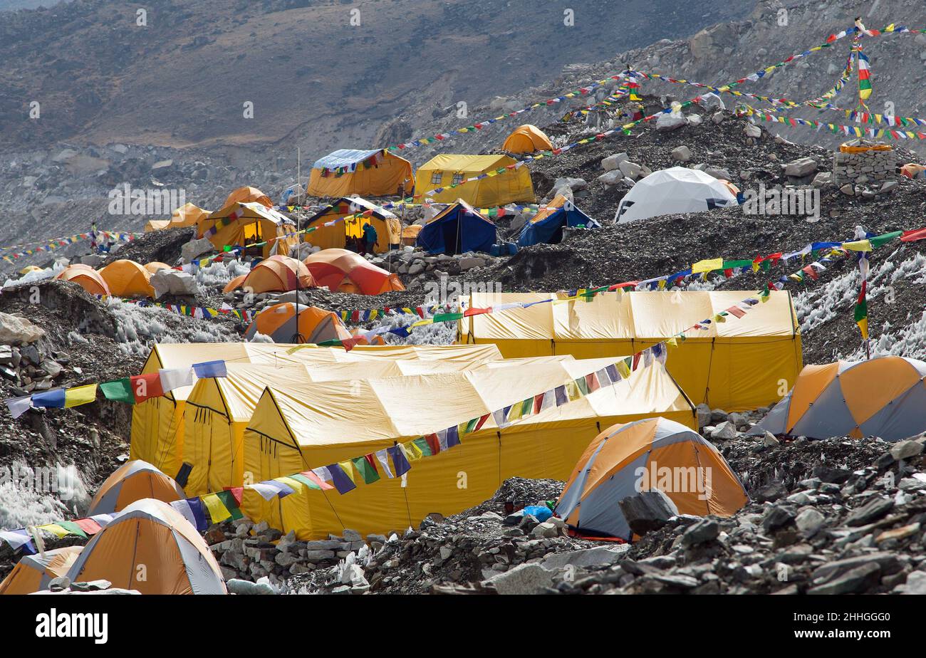 Mount Everest base camp, tents and prayer flags, Khumbu valley, Nepal