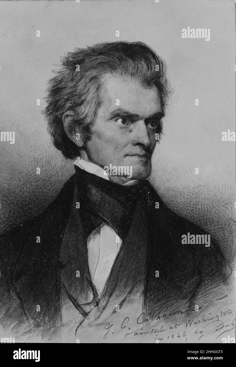 John C. Calhoun 1846 Savinien Edme Dubourjal French At the time he sat for this portrait, Calhoun, one of the preeminent American statesmen of the nineteenth century, was serving as United States Senator from South Carolina. Dubourjal does not idealize his portrait, but emphasizes the striking features of Calhoun’s visage: his piercing, deep-set eyes, high brow, thin lips, and hollow cheeks. The delicate cross-hatching on the face and in the background contrasts with the full, sinuous lines in the hair. Color is used sparingly, only in the face, and there are touches of white gouache on the ey Stock Photo