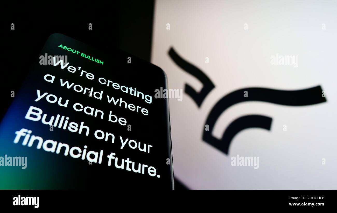 Mobile phone with website of cryptocurrency exchange company Bullish Global  on screen in front of logo. Focus on top-left of phone display Stock Photo  - Alamy