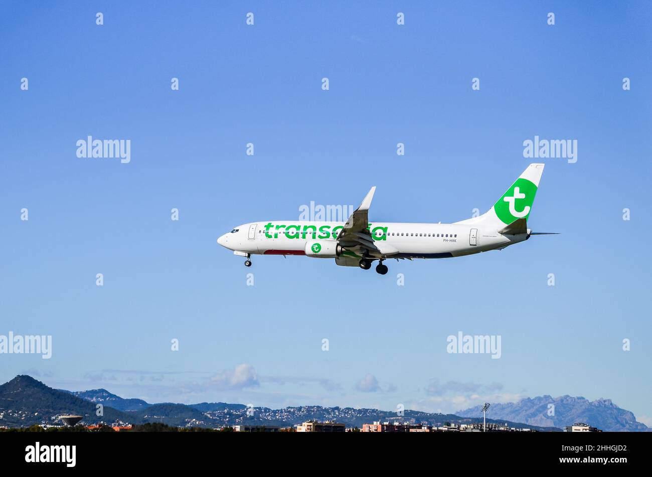 Barcelona, Spain; November 1, 2021: Transavia airline Boeing 737 plane, landing at Josep Tarradellas Barcelona-El Prat airport Stock Photo