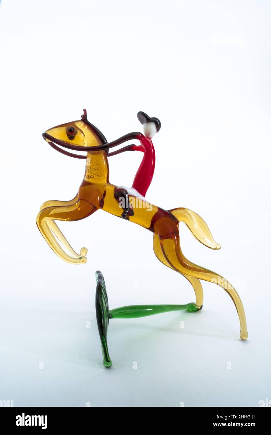 Murano style Lampwork Glass Showjumper Jockey Hunter Horse Rider 1960s Stock Photo