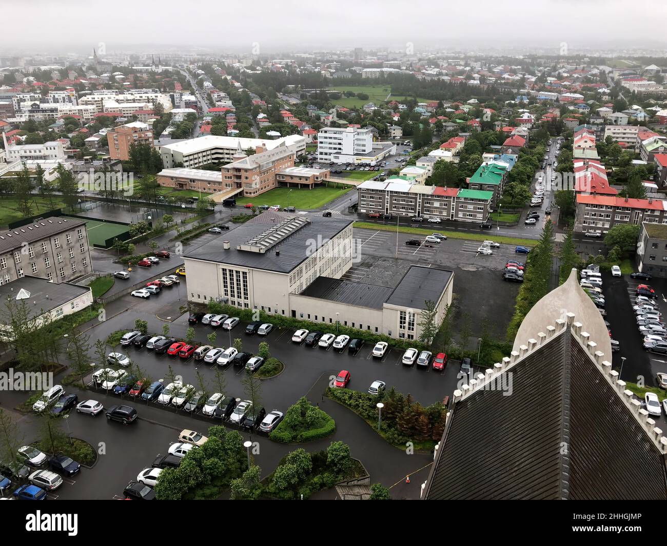 Beautiful aerial view of Reykjavik, Iceland, with scenery beyond the city, seen from the observation tower of Hallgrimskirkja Cathedral Stock Photo