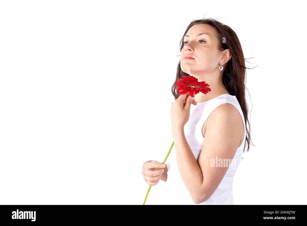 Spring portrait of young woman with healthy long hair holding red gerbera flower. Beautiful female model face. Isolated on white background. Stock Photo