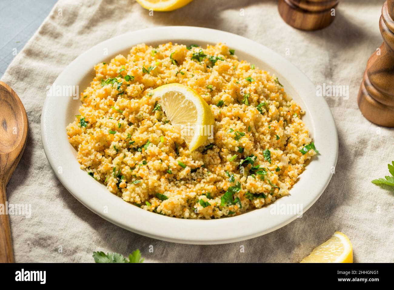 Homemade Healthy Butter and Herb Couscous with Lemon Stock Photo Alamy