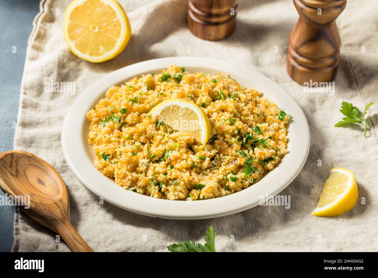 Homemade Healthy Butter and Herb Couscous with Lemon Stock Photo Alamy