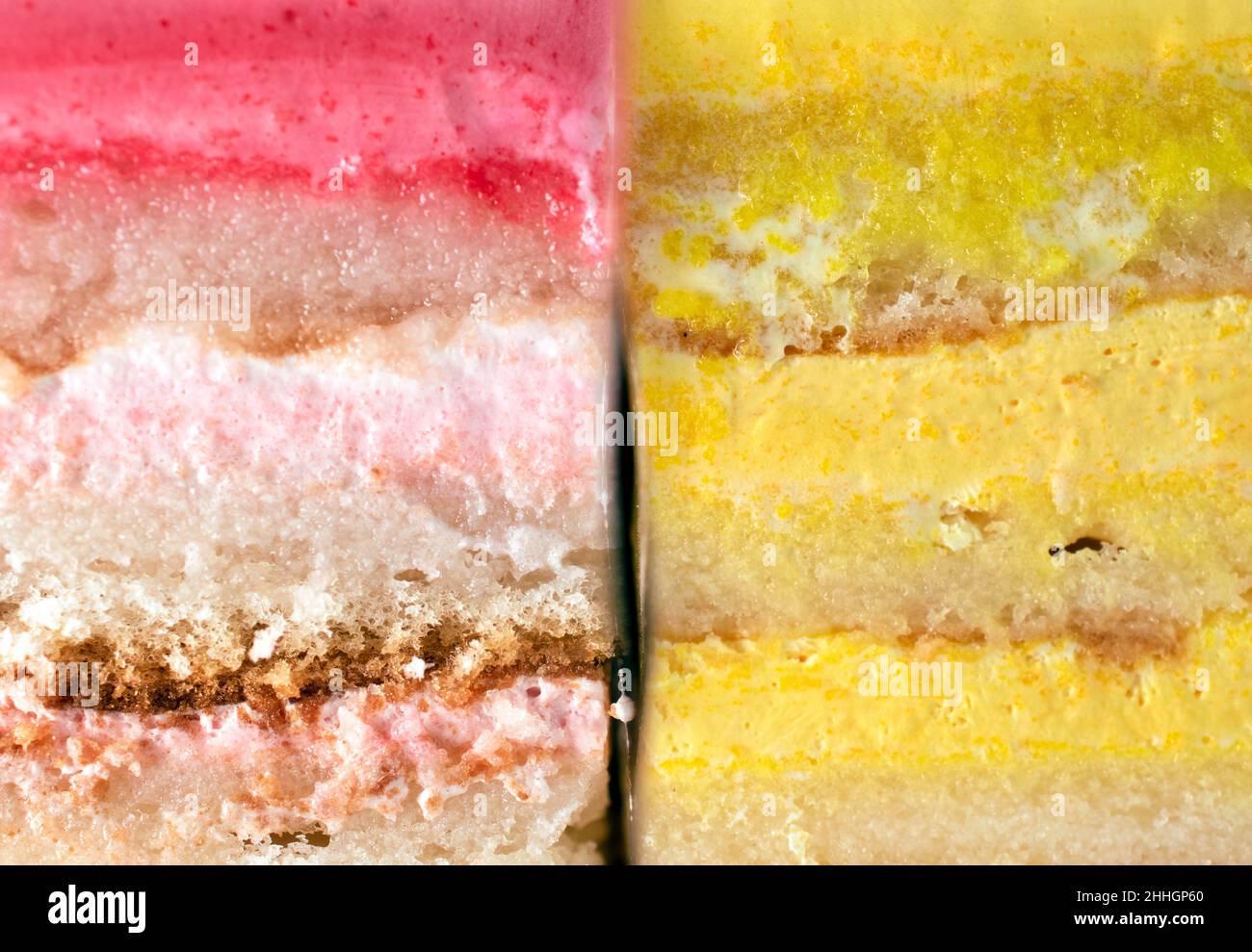 Selection of layered cream and sponge cakes of different colors Stock Photo