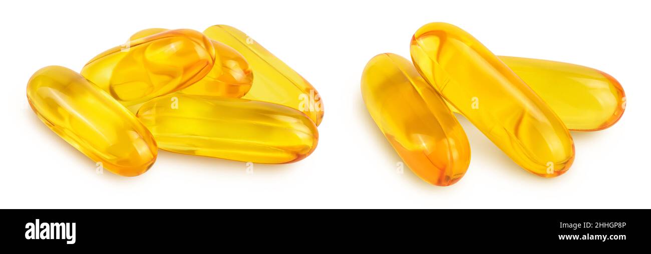 Fish oil capsules isolated on white background with full depth of field