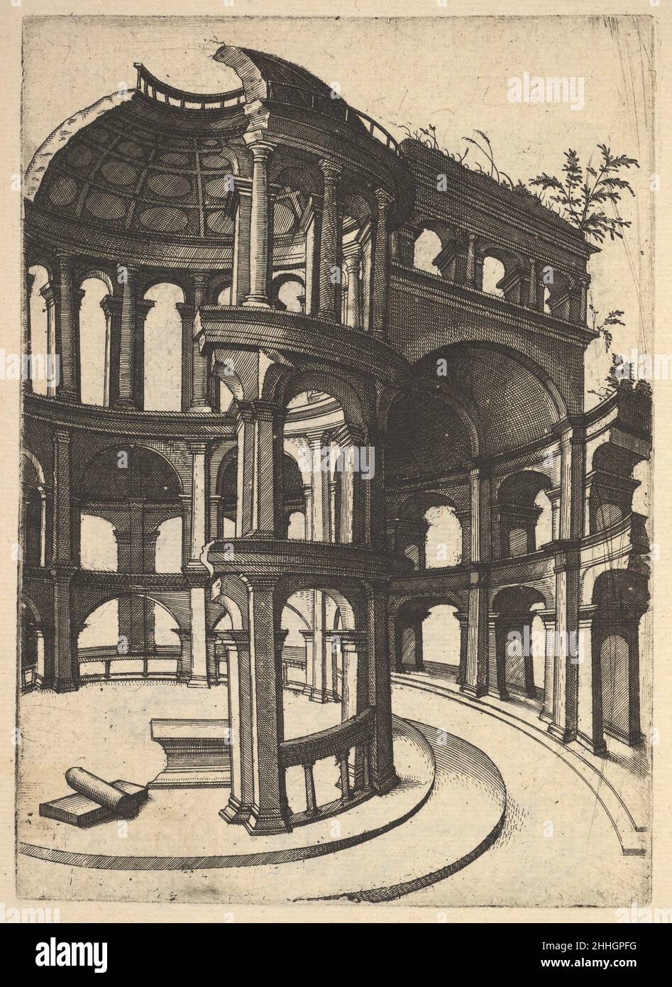 Ruin of a round Temple [Templum Idor Egito], from the series 'Ruinarum variarum fabricarum delineationes pictoribus caeterisque id genus artificibus multum utiles' 1554 Lambert Suavius Netherlandish Perspectival cross section of a building, said to be the ‘Templum Idor Egito’. The building has a circular floor plan and consists of a central round nave of three stories high, surrounded by an ambulatory that reaches up to the second floor. Both the walls of the nave and the ambulatory are characterized by arches that are open to the exterior. The nave is crowned by an oculus. The building is sim Stock Photo