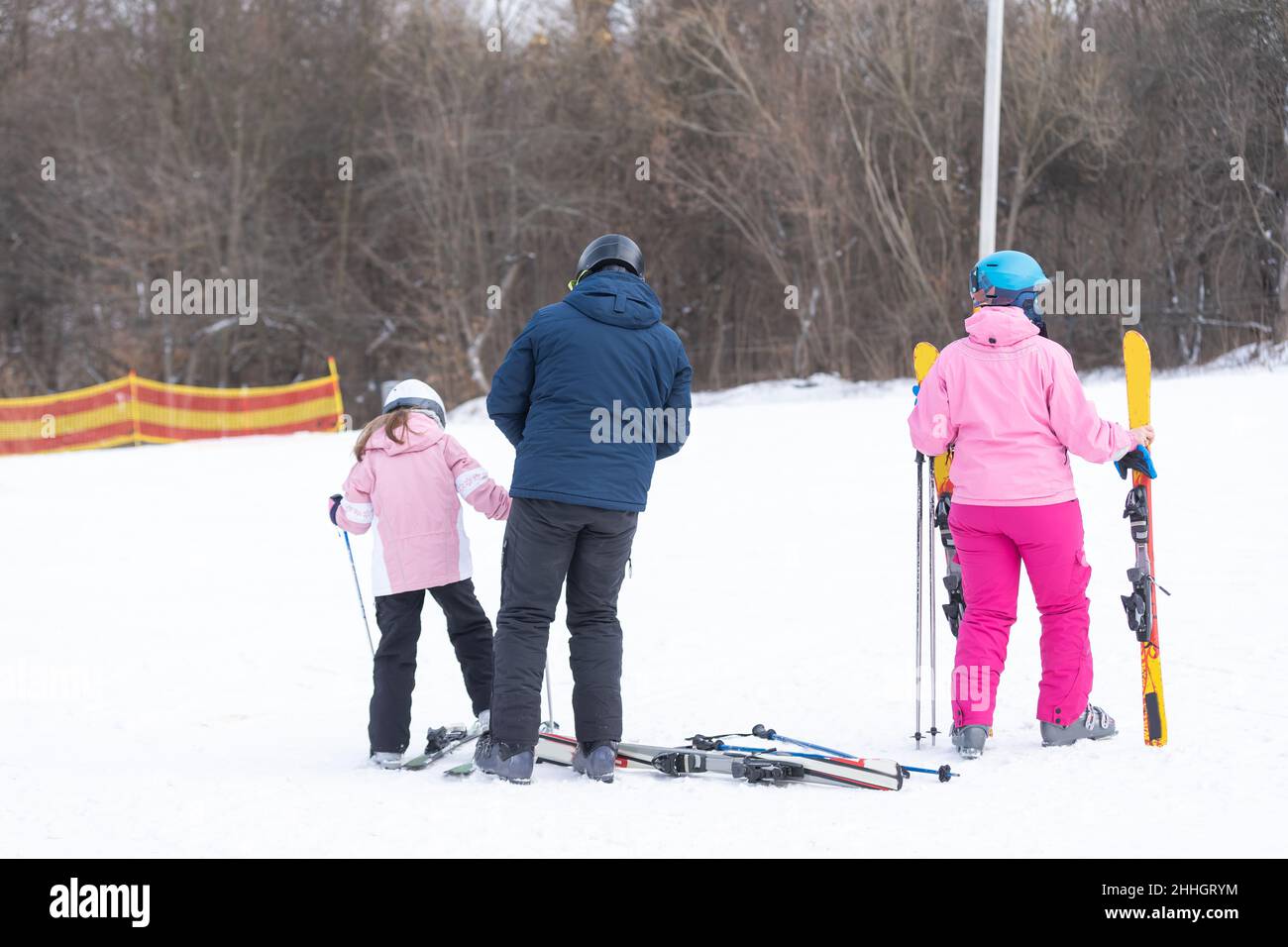 Skiing, winter, ski lesson - family skiing. Stock Photo