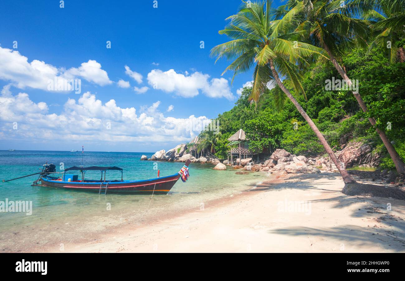 Tropical beach with coconut palm and longtail boat Stock Photo