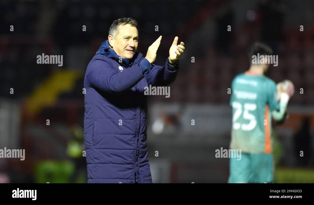 Tranmere manager Micky Mellon applauds the fans after winning the Sky Bet League Two match between Crawley Town and Tranmere Rovers at the People's Pension Stadium  , Crawley ,  UK - 22nd January 2022 - Editorial use only. No merchandising. For Football images FA and Premier League restrictions apply inc. no internet/mobile usage without FAPL license - for details contact Football Dataco Stock Photo