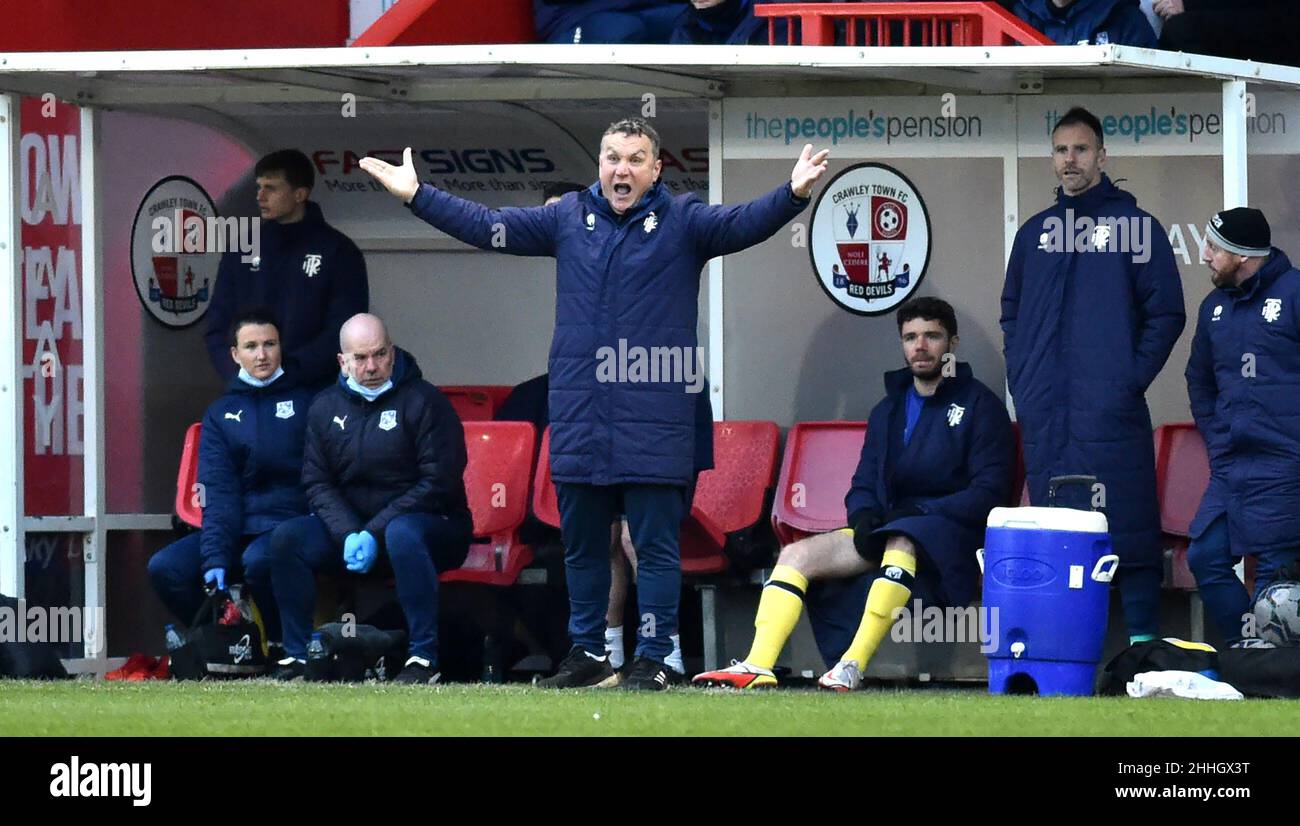 Tranmere manager Micky Mellon during the Sky Bet League Two match between Crawley Town and Tranmere Rovers at the People's Pension Stadium  , Crawley ,  UK - 22nd January 2022 - Editorial use only. No merchandising. For Football images FA and Premier League restrictions apply inc. no internet/mobile usage without FAPL license - for details contact Football Dataco Stock Photo