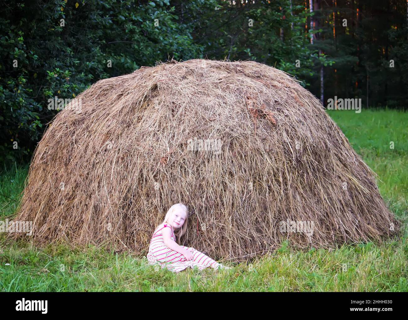 Little girl near a haystack on a field in countryside at summer Stock ...
