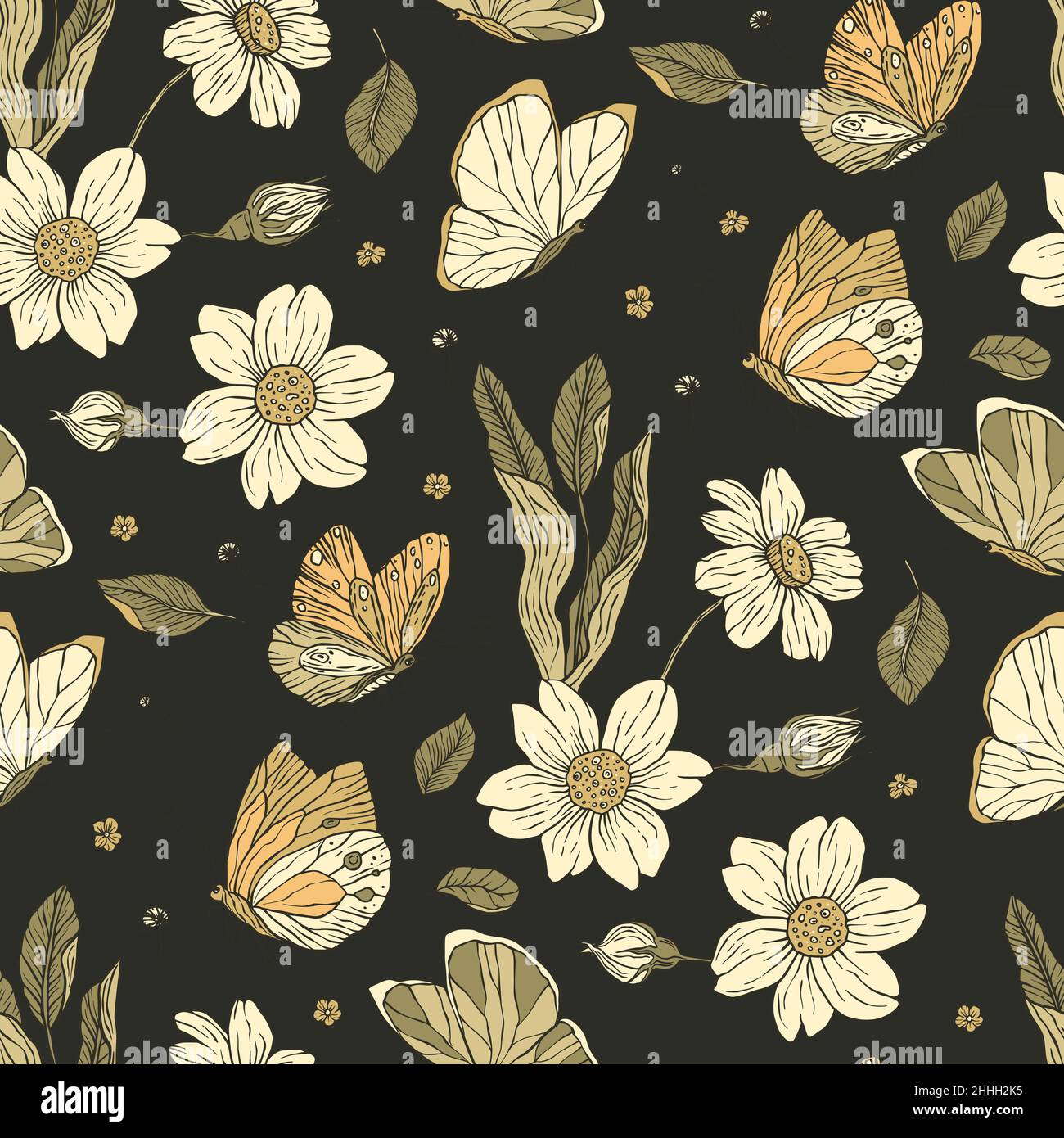 Vintage daisy and butterfly floral boho seamless pattern. Ornate garden art Stock Vector