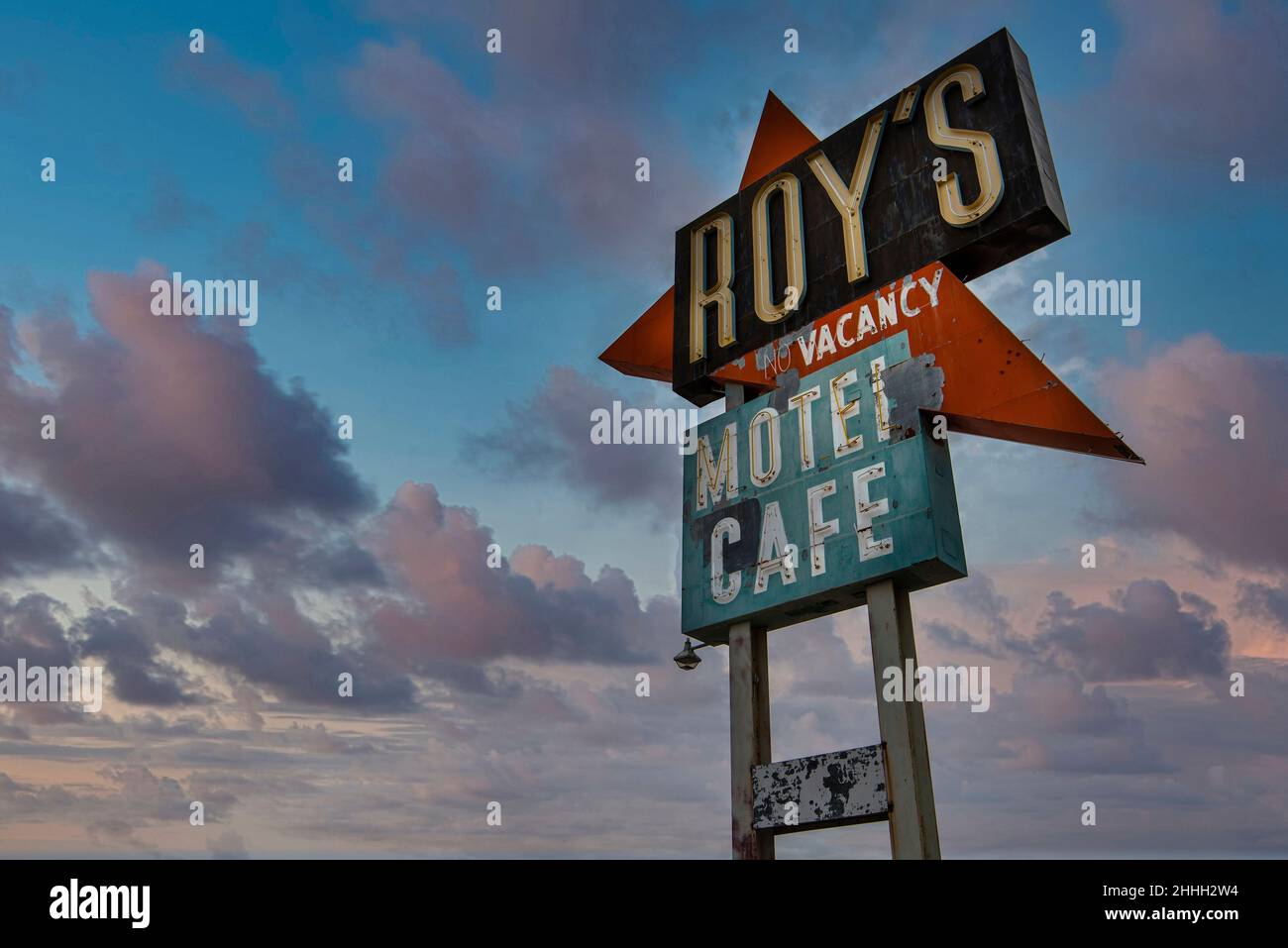 Roy's Motel and Cafe vintage sign along Route 66, Amboy, California, USA Stock Photo