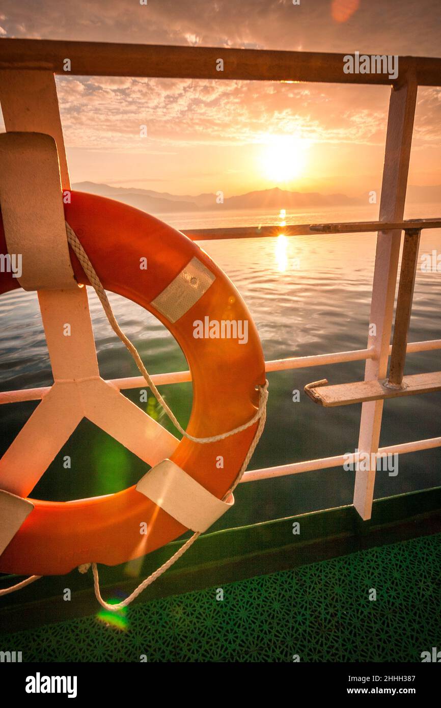 View from a ship on sea at sunrise, Adriatic sea near The Brac island, Croatia, Europe. Stock Photo