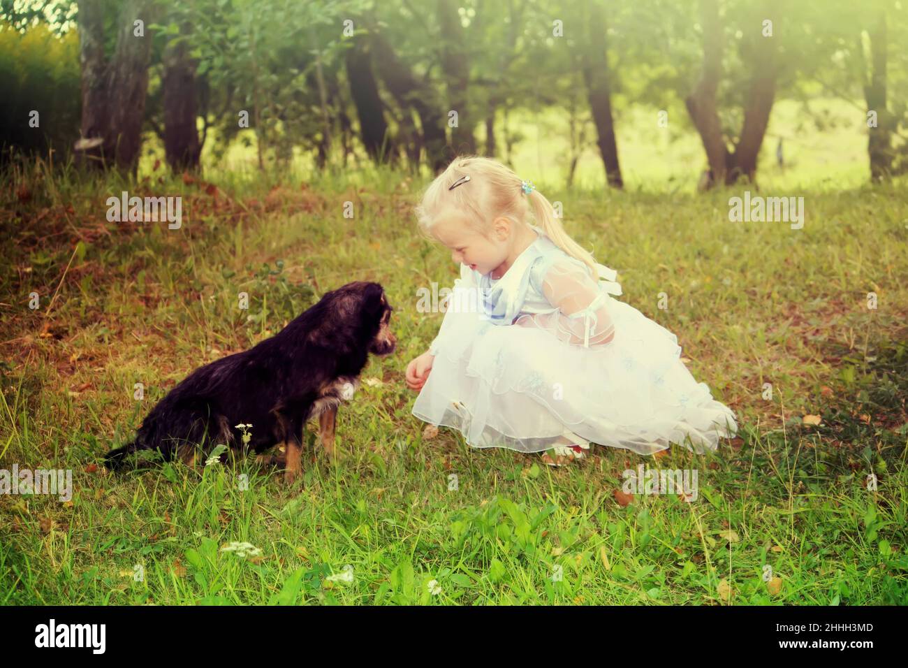 A little blonde girl with a dog in the summer garden. Vintage toned ...
