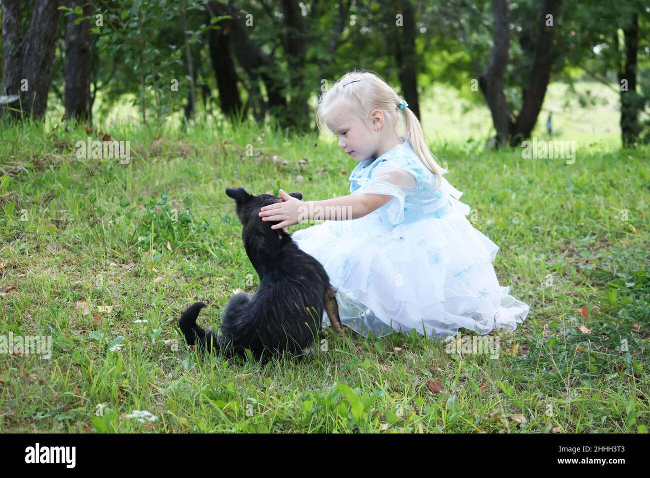 A little blonde girl with a dog in the summer garden Stock Photo - Alamy
