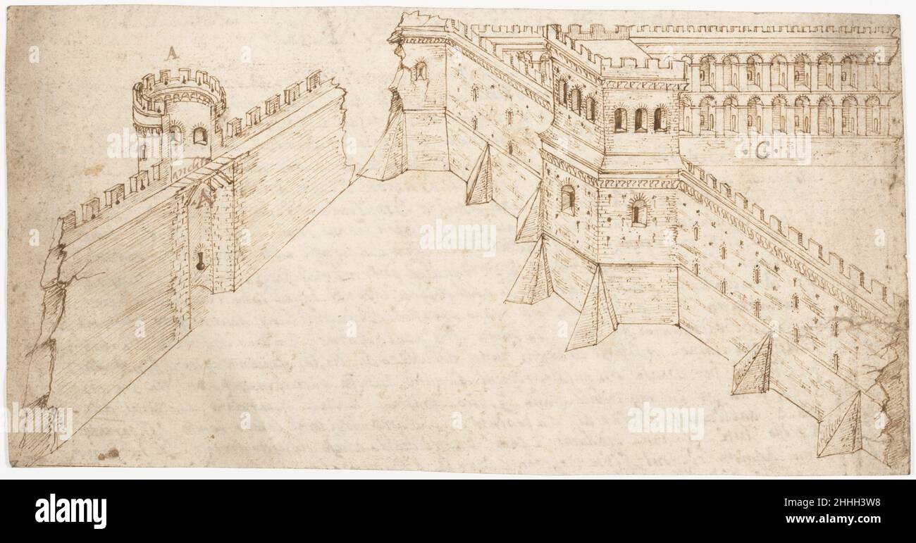 Recto: 'Libro Primo, Chapo Quarto...' (Vitruvius, Book 1, Chapter 4); Verso: The Fortification of City Walls (Vitruvius, Book 1, Chapter 5). 1530–45 Attributed to a member of the Sangallo family Italian The creator of this drawing was an experienced draftsman of military technology and architecture, as is evident by his use of perspective and in the level of surface detail with which he elaborated the forms presented here. This proficiency is clear when compared to illustrations of military fortifications in early printed editions of Vitruvius (see the edition of 1524 by Durantino).The fortifi Stock Photo