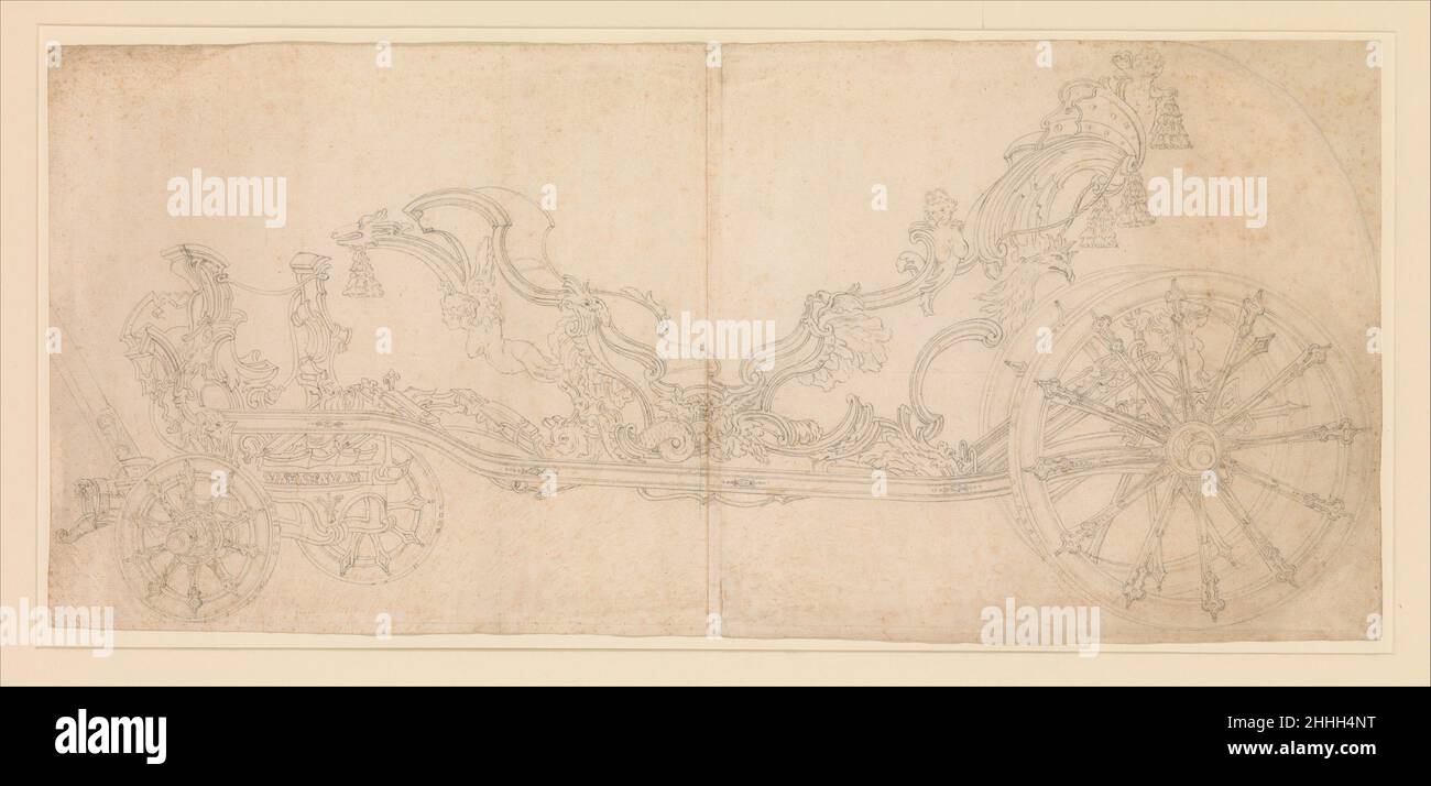 Design for a Carriage. 1650–1700 Anonymous, Italian, 17th or 18th century Italian. Design for a Carriage.. Anonymous, Italian, 17th or 18th century. 1650–1700. Black chalk or leadpoint. Drawings Stock Photo