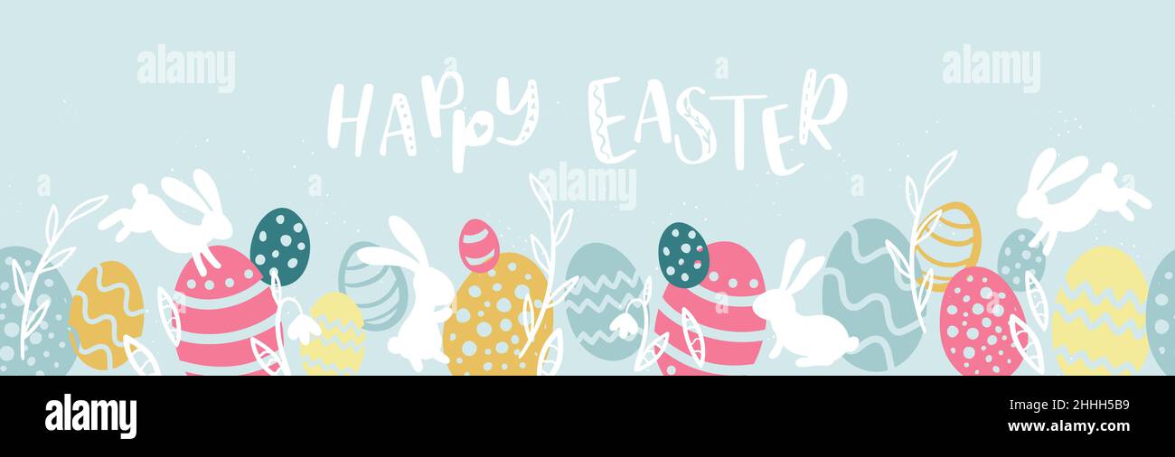 Cute hand drawn Easter horizontal seamless pattern with bunnies ...