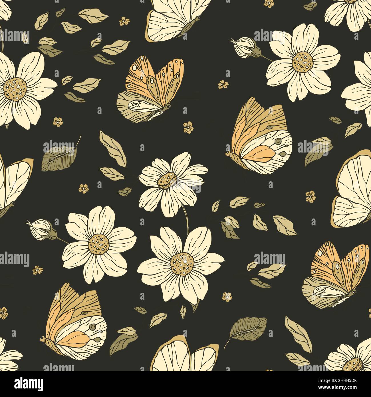 Vintage daisy and butterfly floral boho seamless pattern. Ornate garden art Stock Vector