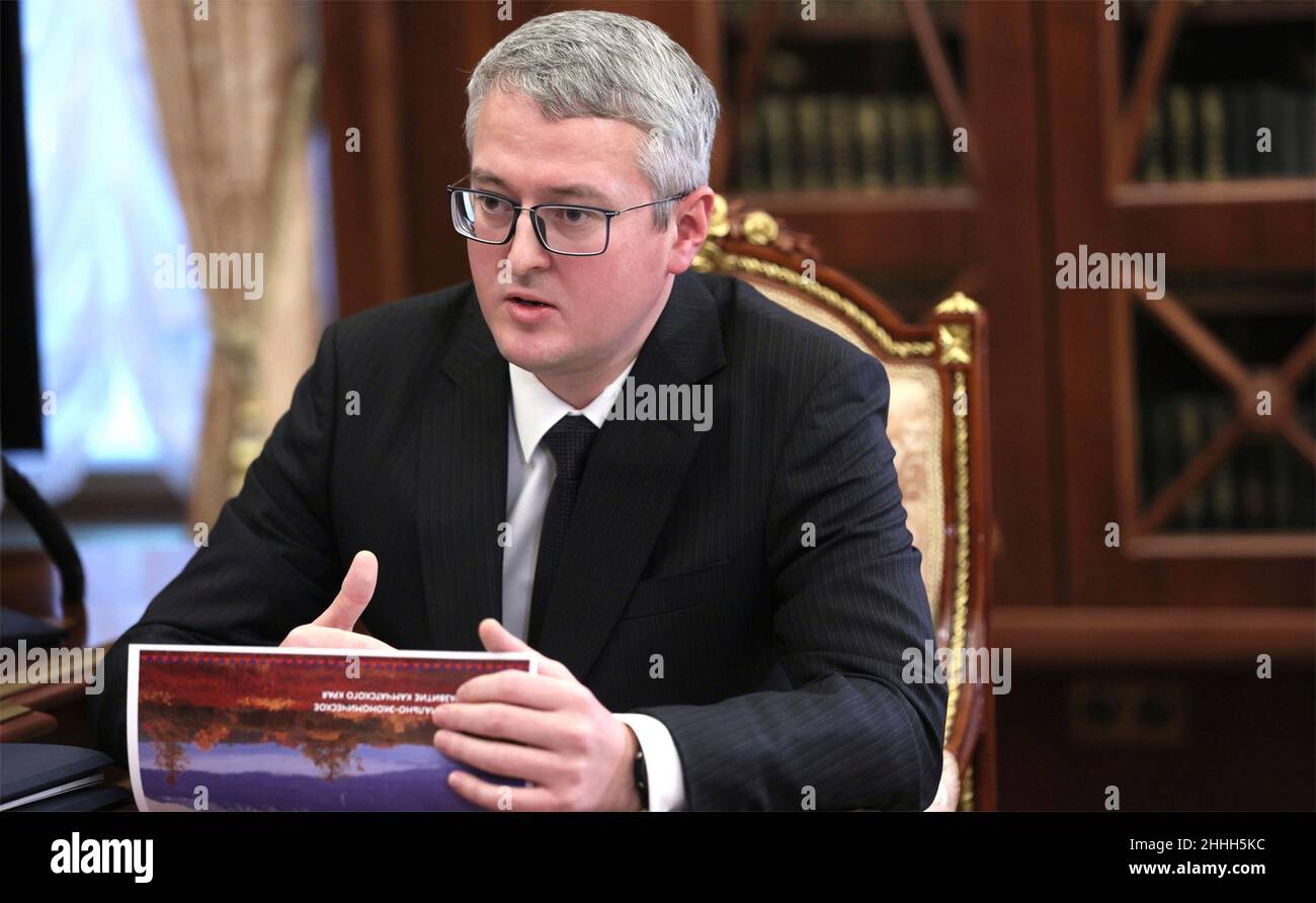 Moscow, Russia. 24th Jan, 2022. The Governor of Kamchatka Territory Vladimir Solodov, during a face-to-face meeting with Russian President Vladimir Putin at the Kremlin, January 24, 2022 in Moscow, Russia. Credit: Mikhail Metzel/Kremlin Pool/Alamy Live News Stock Photo