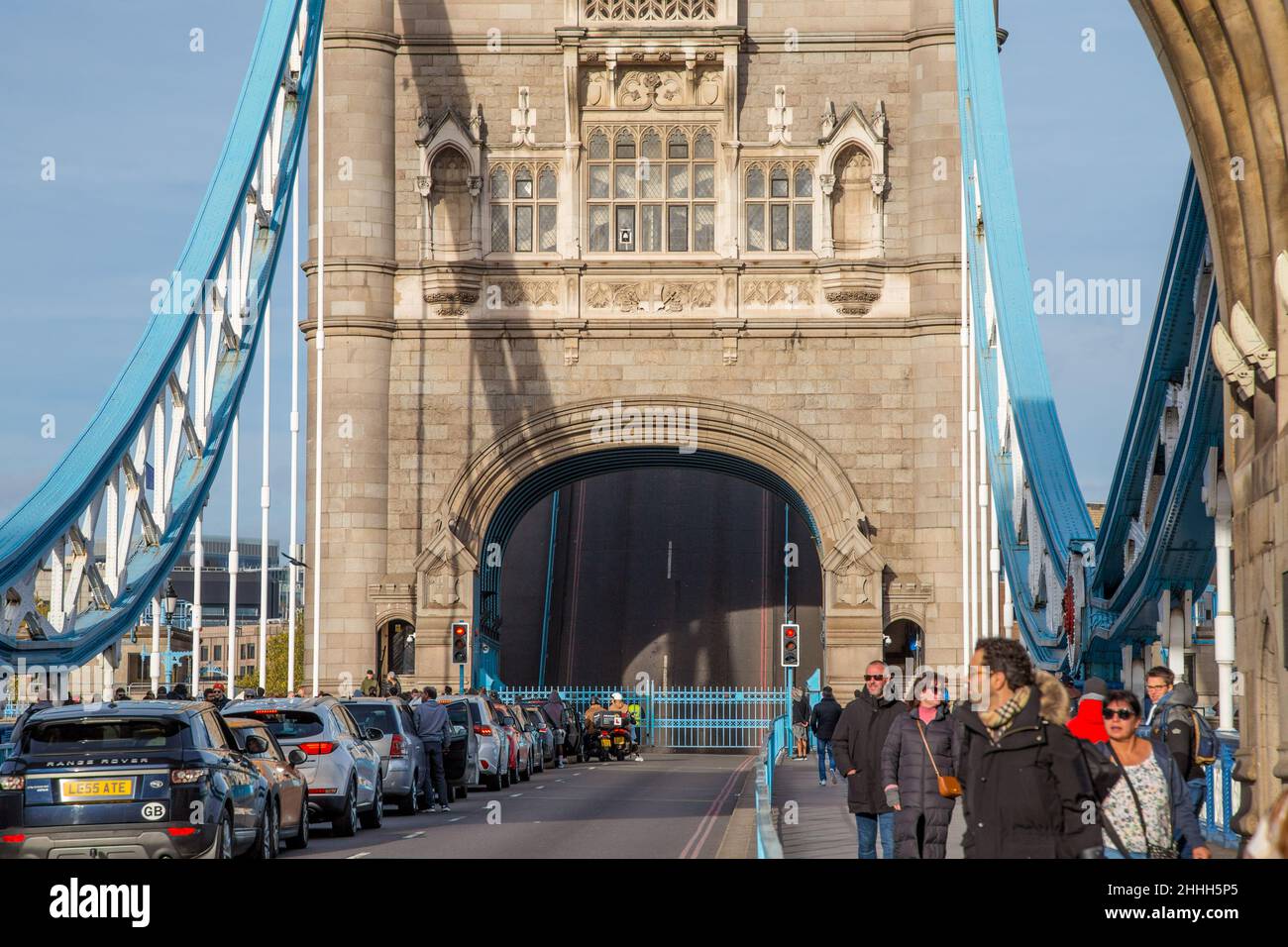 Tower Bridge with the bridge raised, river Thames, London Stock Photo