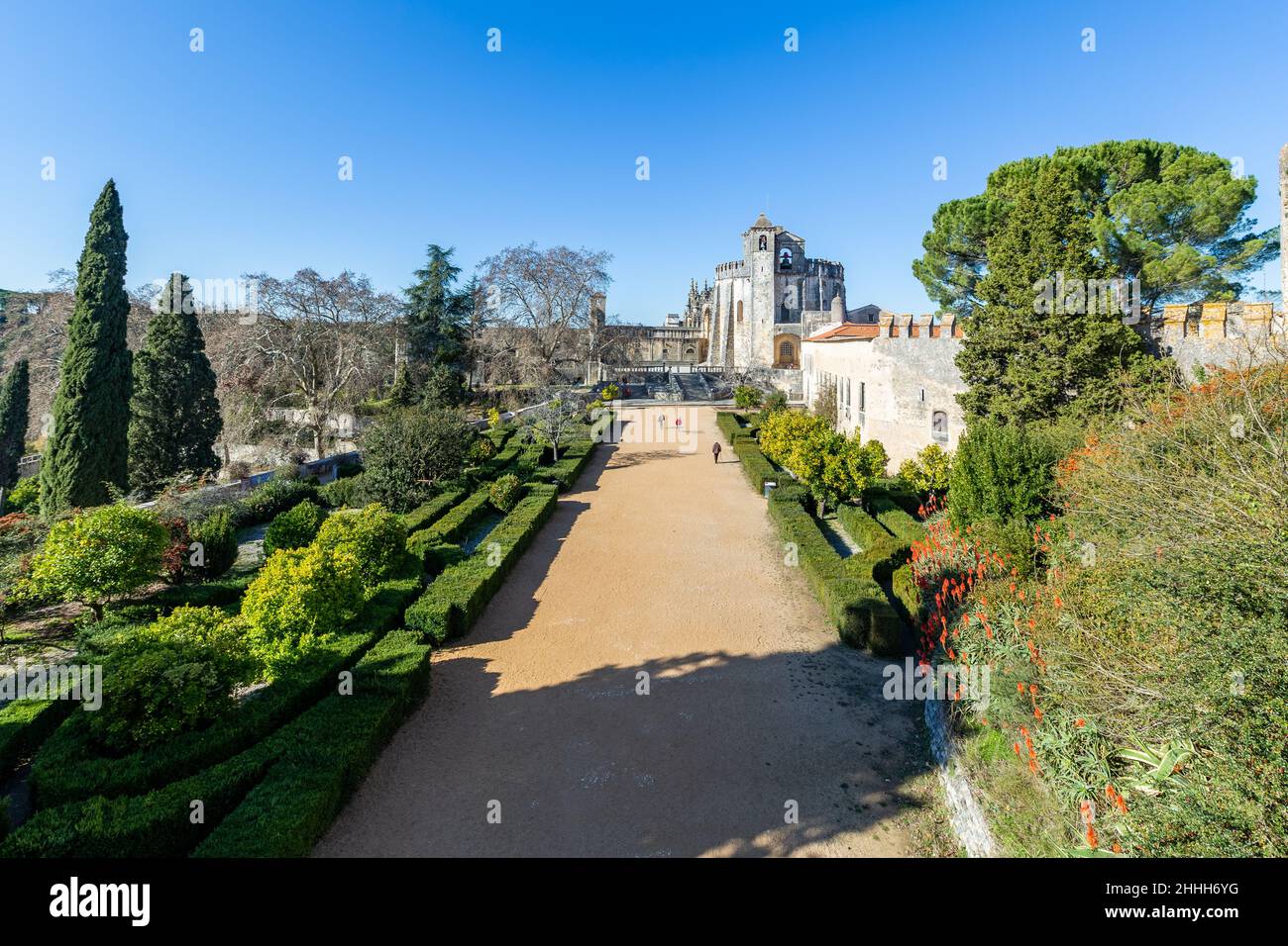 Convent of Christ or 'Convento de Cristo' is ornately sculpted, Manueline style, hilltop Roman Catholic convent in Tomar, Portugal. Stock Photo