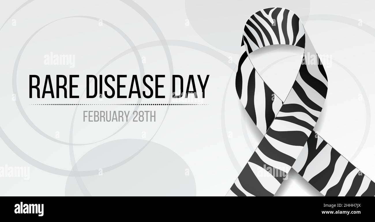 Rare disease day concept. Banner template with zebra ribbon awareness and text. Vector illustration. Stock Vector
