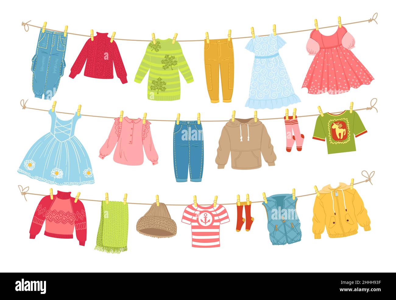 Baby clothes ropes. Washed garment hanging on cords and dries. Boyish and girly things on clothesline with clothespins. Dresses and trousers. Socks Stock Vector