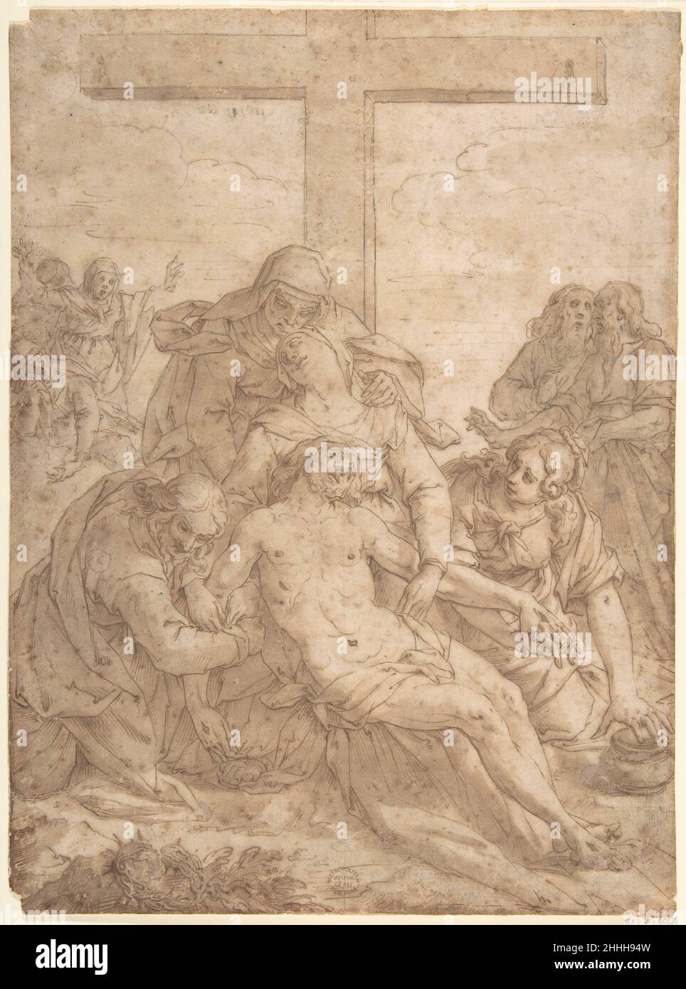 Descent from the Cross 1615–16 Pasquale Ottino (Pasqualotto) Italian. Descent from the Cross. Pasquale Ottino (Pasqualotto) (Italian, Verona 1578–1630 Verona). 1615–16. Pen and brown ink, brush and brown wash on buff paper. Drawings Stock Photo
