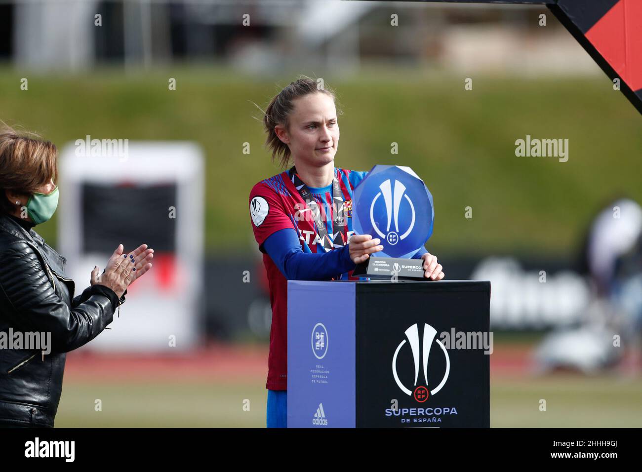 Caroline Graham Hansen of FC Barcelona receives the MVP trophy after the Spanish Women Supercup, Final football match between FC Barcelona and Atletico de Madrid on January 23, 2022 at Ciudad del Futbol in Las Rozas, Madrid, Spain - Photo: Oscar Barroso/DPPI/LiveMedia Stock Photo